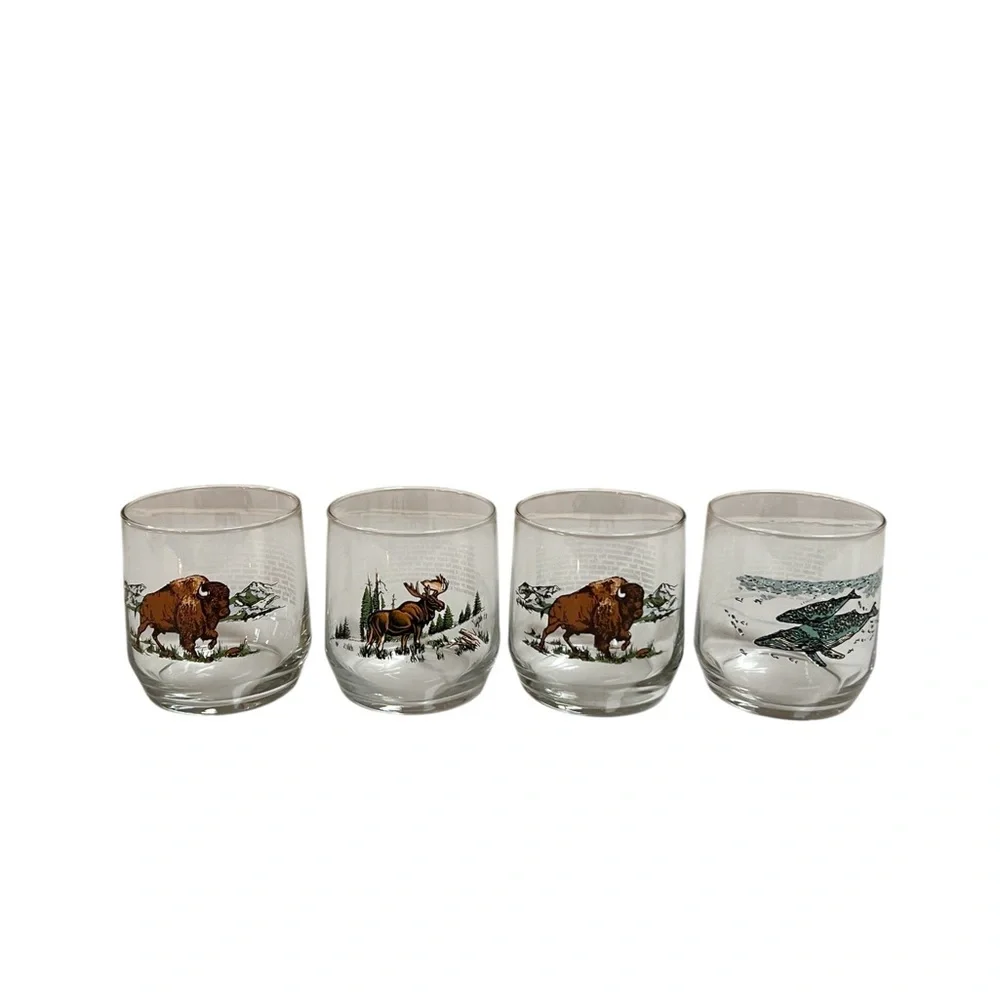 4 Vintage American Wildlife Glasses Sunoco Bison Humpback Whale Moose Libbey‎